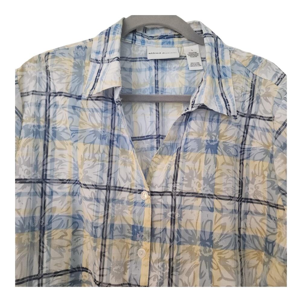 Alfred Dunner Womens L Open Front Floral Plaid Blouse Embroidered Shirt Summer